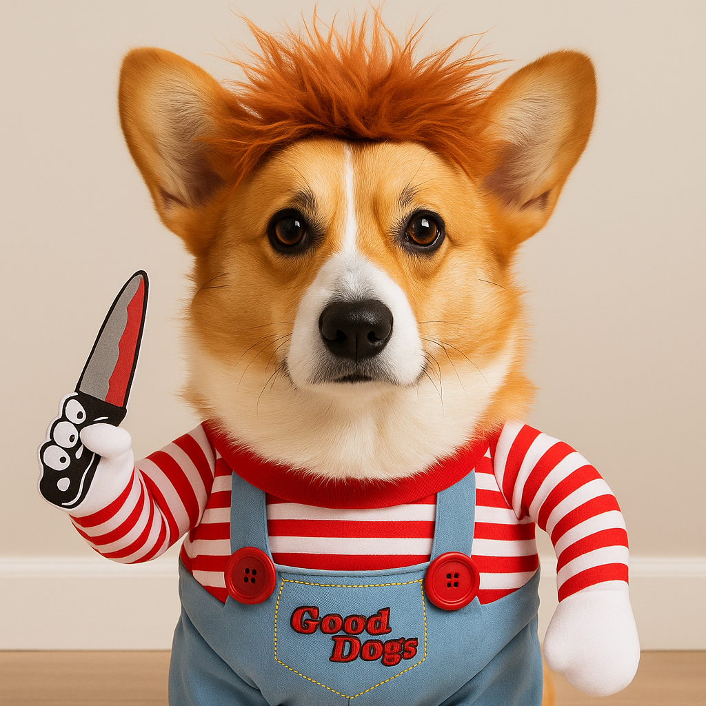 Funny Killer Doll Dog Costume - Messy Wig, Plush Knife & Overalls | Cute Hilarious Pet Cosplay for Small to Large Dogs