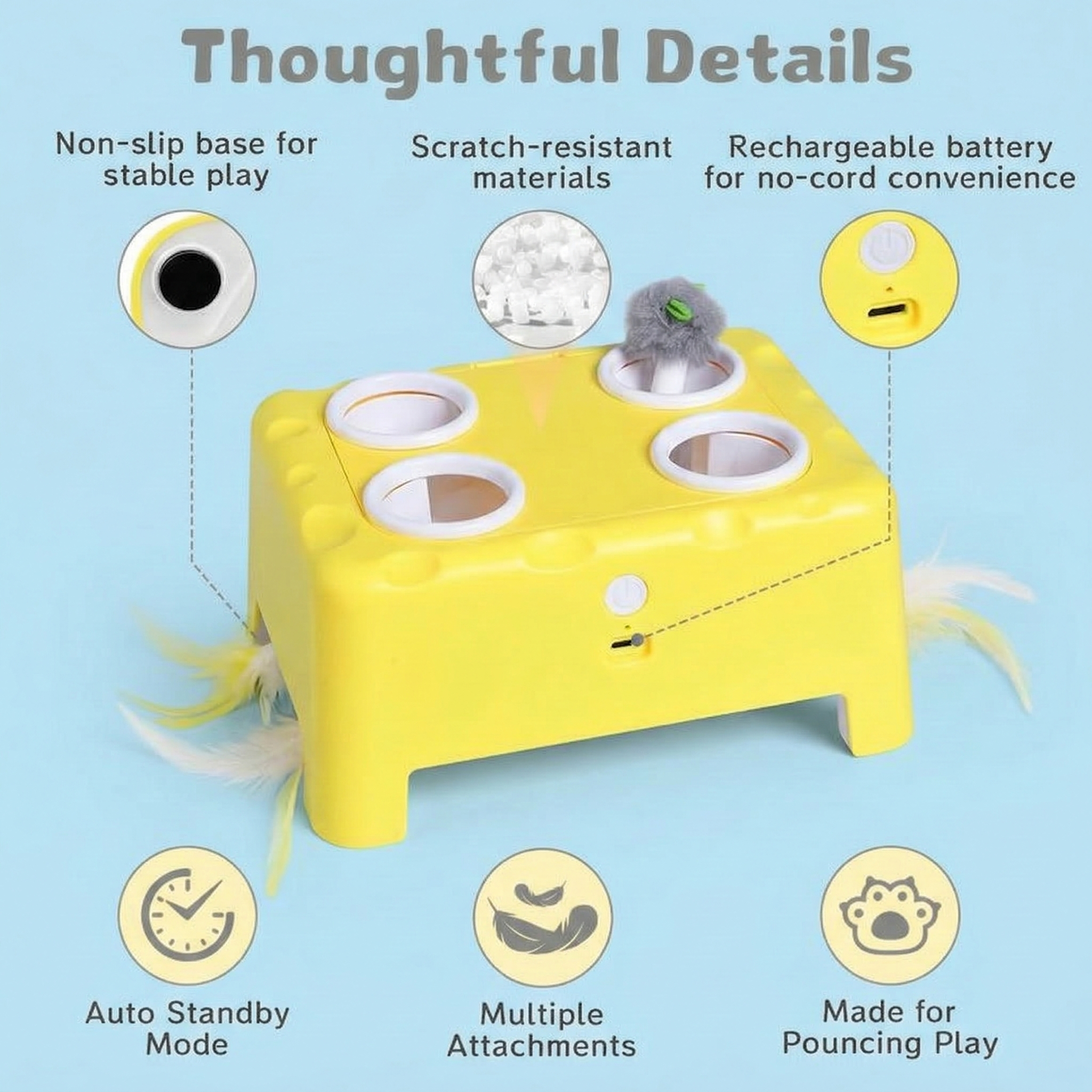 2-in-1 Cat Toys Interactive for Bored Indoor Cats, Automatic Electric Feather Cat Toy, 4 Holes Mole, Rotating Feather, USB Rechargeable