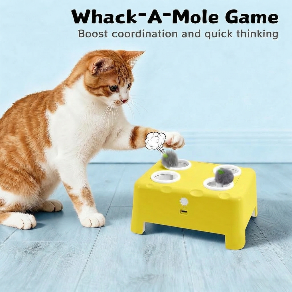 2-in-1 Cat Toys Interactive for Bored Indoor Cats, Automatic Electric Feather Cat Toy, 4 Holes Mole, Rotating Feather, USB Rechargeable