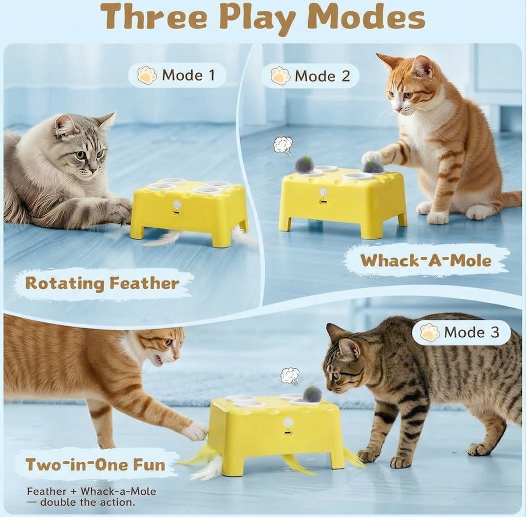 2-in-1 Cat Toys Interactive for Bored Indoor Cats, Automatic Electric Feather Cat Toy, 4 Holes Mole, Rotating Feather, USB Rechargeable