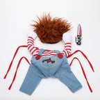 Funny Killer Doll Dog Costume - Messy Wig, Plush Knife & Overalls | Cute Hilarious Pet Cosplay for Small to Large Dogs