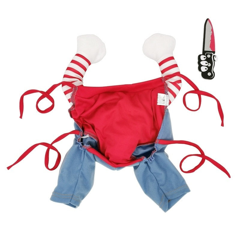 Funny Killer Doll Dog Costume - Messy Wig, Plush Knife & Overalls | Cute Hilarious Pet Cosplay for Small to Large Dogs
