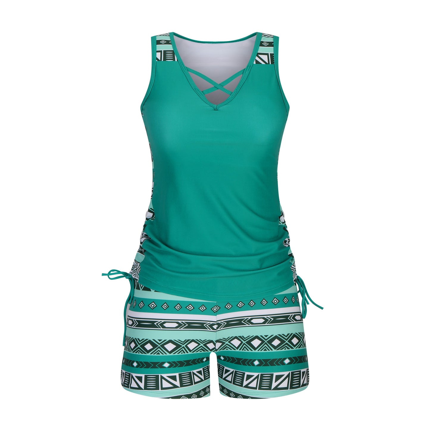 QIAWI Women's Tummy Control Tankini Set with Built-In Bra – Flattering Boho Swimwear with Shorts
