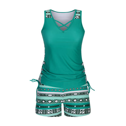 QIAWI Women's Tummy Control Tankini Set with Built-In Bra – Flattering Boho Swimwear with Shorts