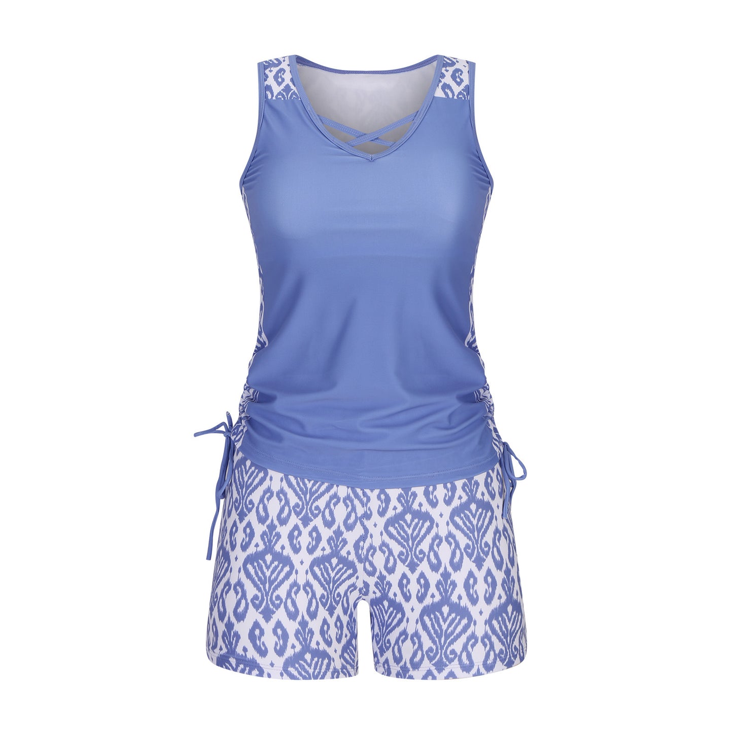 QIAWI Women's Tummy Control Tankini Set with Built-In Bra – Flattering Boho Swimwear with Shorts