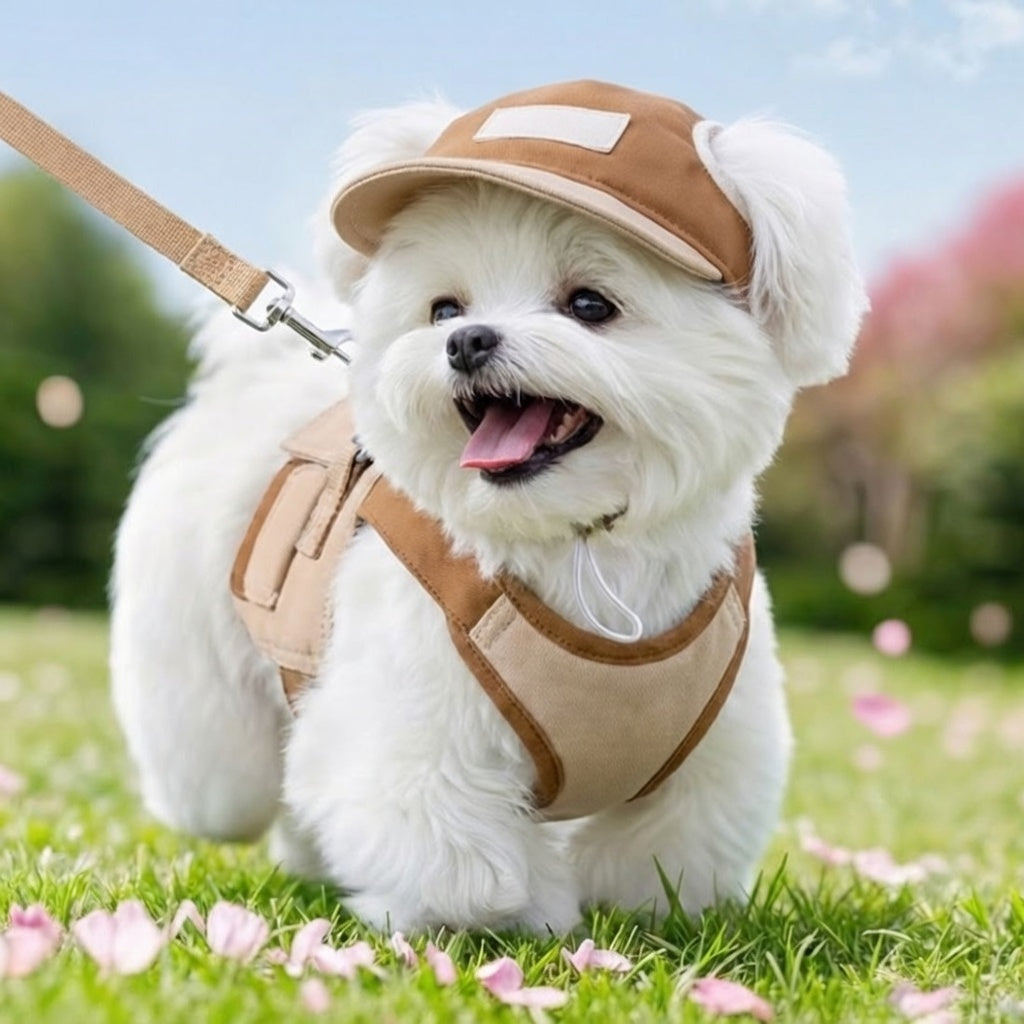 🐶 No Pull Dog Harness Leash Set with Matching Hat – Breathable Mesh Vest, Adjustable, Reflective, Brown